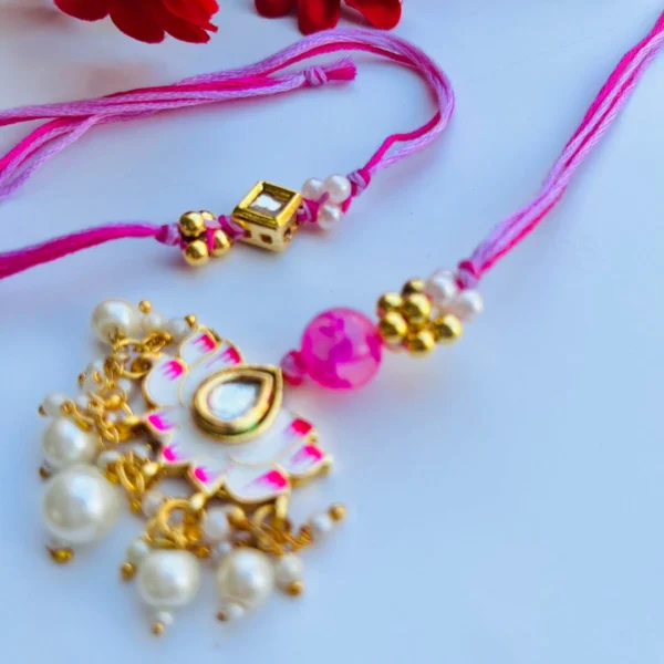 brother rakhi, Pink Traditional Lotus Lumba Set, Pearl Brother Rakhi, rakhi and lumba set, rakhi lumba set