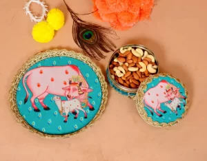 Pichwai thali, blue pichwai thali and sweet box, gift hamper for pichwai festival