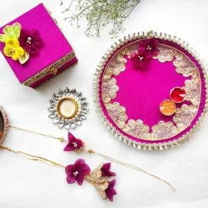 Rakhi Thali Hamper, best rakhi hampers, Serene Purple Rakhi Hamper Box, Celestial Dark Pink Rakhi Thali Hamper