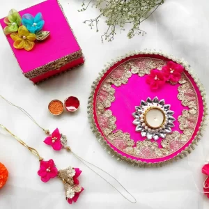 Rakhi Thali Hamper, hampers for rakhi rakhi with hampers, best rakhi hampers, Serene Pink Rakhi Hamper Box, Celestial Pink Rakhi Thali Hamper