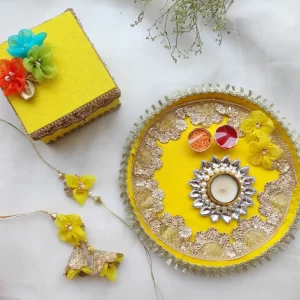 rakhi thali, best rakhi hampers, Serene Yellow Rakhi Hamper Box, Celestial Yellow Rakhi Thali Hamper