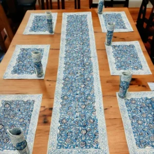 table mat set, table runner mat set, exquisite blue hand block printed table mat collection with runner