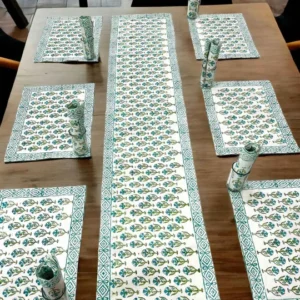 table mat set, placemats with matching runner, table runner mat set, exquisite green hand block printed table mat collection with runner