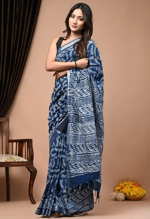 linen saree Dusk Delight_ Hand Block Printed Linen Saree Set - Mauve Marvel