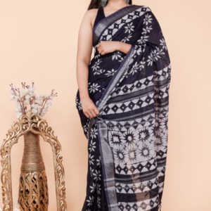 Moonlit Mirage Hand Block Printed Linen Saree Set - Silver Whisper, cotton hand print saree, hand print silk saree, handprint saree design, linen saree set, black colour saree
