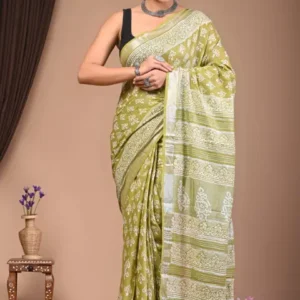 Mystic Garden_ Pure Hand-Printed Linen Ensemble - Emerald Serenade, hand design print saree, bagh print cotton sarees online, bagru print mul cotton saree, bishnupuri katan silk block print