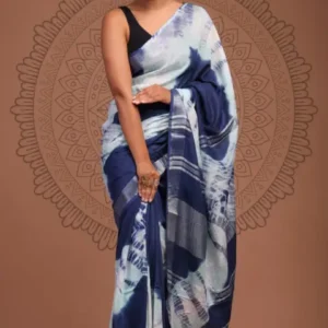 Ocean Breeze_ Hand Block Printed Linen Saree Set - Azure Dreams, hand design print saree, bagh print cotton sarees online, bagru print mul cotton saree, bishnupuri katan silk block print