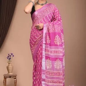 Rose Petal Elegance_ Pure Hand-Printed Linen Ensemble - Pink Radiance, printed cotton sarees wholesale, design printed kota sarees, cotton bagh print saree, hand block print saree design