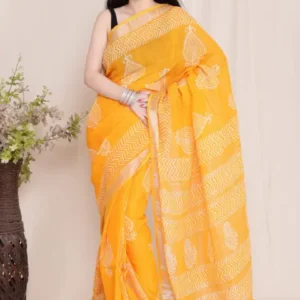 Sunset Blooms_ Hand Block Printed Linen Saree Set - Golden Glow, block printed cotton sarees wholesale, block printed kota sarees, cotton bagh print saree