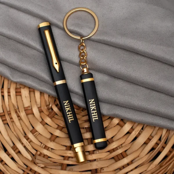 pen keychain gift hamper (4), Black & Golden Pen Keychain Combo, pen keychain gift hamper (6), corporate pen krychain gift, customised keychain gift,