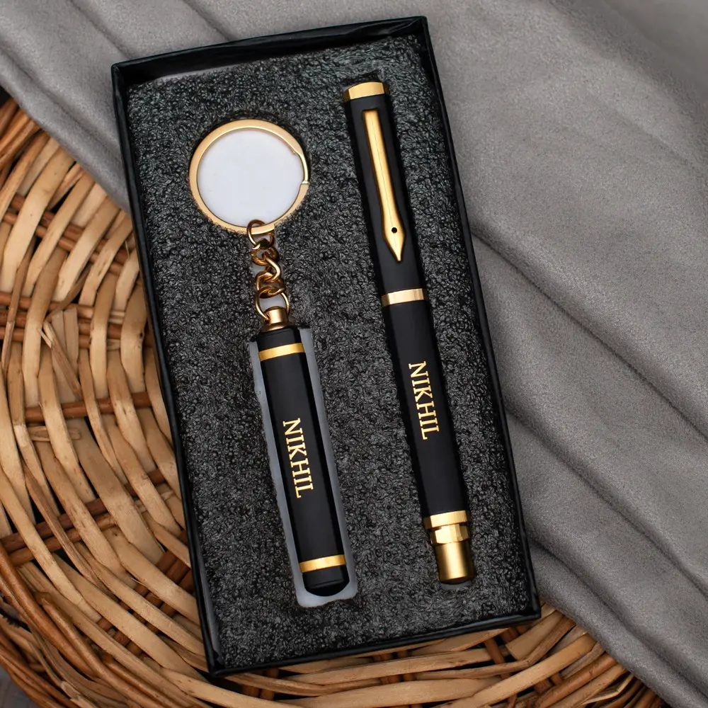 pen keychain gift hamper (6), customised pen, engraved pen keychain gift, corporate pen krychain gift, customised keychain gift, Black & Golden Pen Keychain Combo