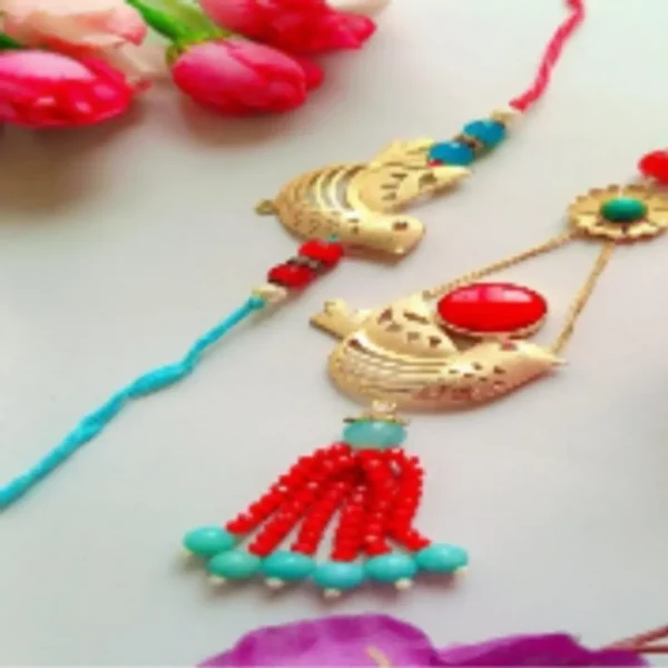 Sacred Thread Pair – Designer Couple Rakhi Gift Set in Multi Shades for Brother & Bhabhi