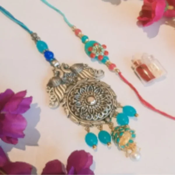 Elegant Mirror Work – Designer Couple Rakhi Gift Set in Multi Shades for Brother & Bhabhi