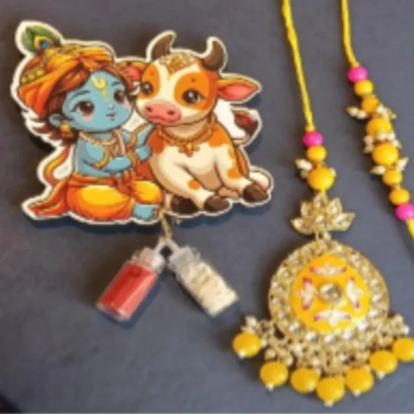 Graceful Duo Delight – Designer Couple Rakhi Gift Set in Yellow Shades for Brother & Bhabhi
