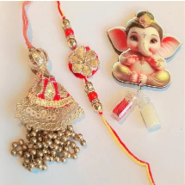 Festive Radiance – Designer Couple Rakhi Gift Set in Rad Shades for Brother & Bhabhi