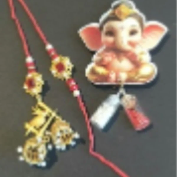 Classic Bonding Threads – Designer Couple Rakhi Gift Set in Golden Shades for Brother & Bhabhi