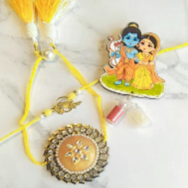 Beaded Blessing Set – Designer Couple Rakhi Gift Set in Yellow Shades for Brother & Bhabhi