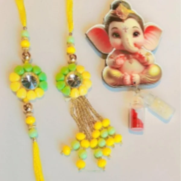 Pink Blossom Pair – Designer Couple Rakhi Gift Set in Yellow Shades for Brother & Bhabhi