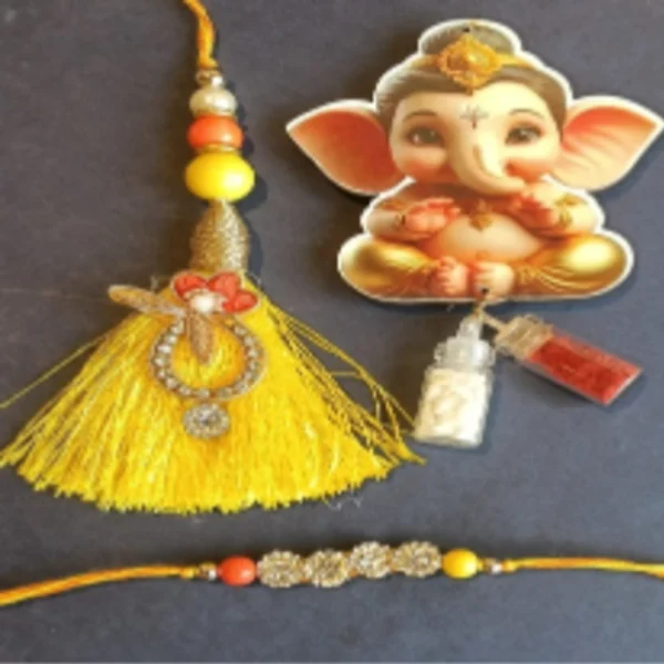Golden Bond Thread – Designer Couple Rakhi Gift Set in Elegant Shades for Brother & Bhabhi