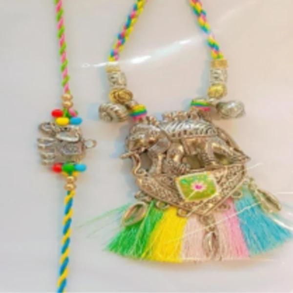Modern Ethnic Set – Designer Couple Rakhi Gift Set in Green Shades for Brother & Bhabhi
