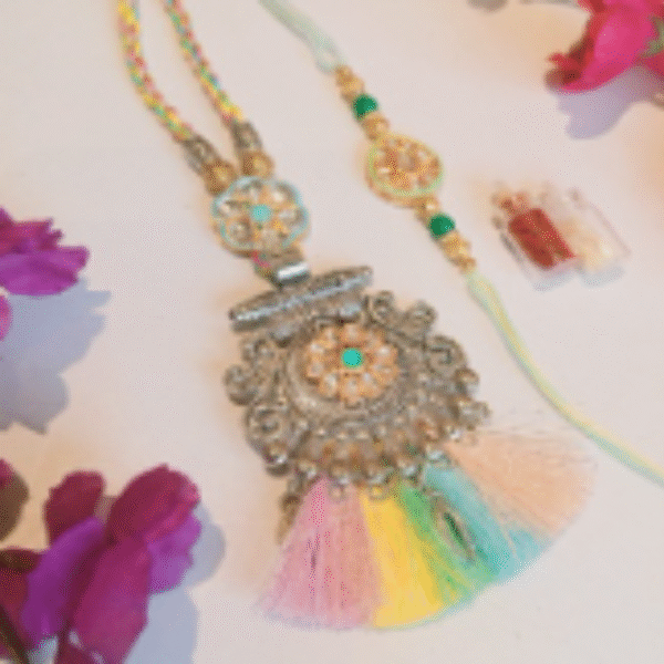 Graceful Glow Edition – Designer Couple Rakhi Gift Set in Multi Shades for Brother & Bhabhi