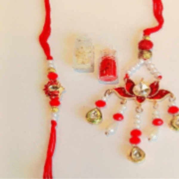 Thread Spark Duo – Designer Couple Rakhi Gift Set in Red Shades for Brother & Bhabhi