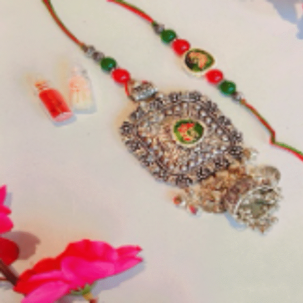 Gleaming Rakhi Combo – Designer Couple Rakhi Gift Set in Multi Shades for Brother & Bhabhi