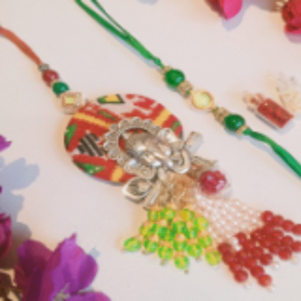 Pearl Touch Set – Designer Couple Rakhi Gift Set in Multi Shades for Brother & Bhabhi