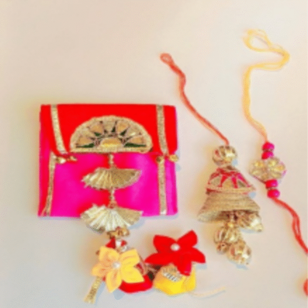 Twinkling Thread Pack – Designer Couple Rakhi Gift Set in Multi Shades for Brother & Bhabhi