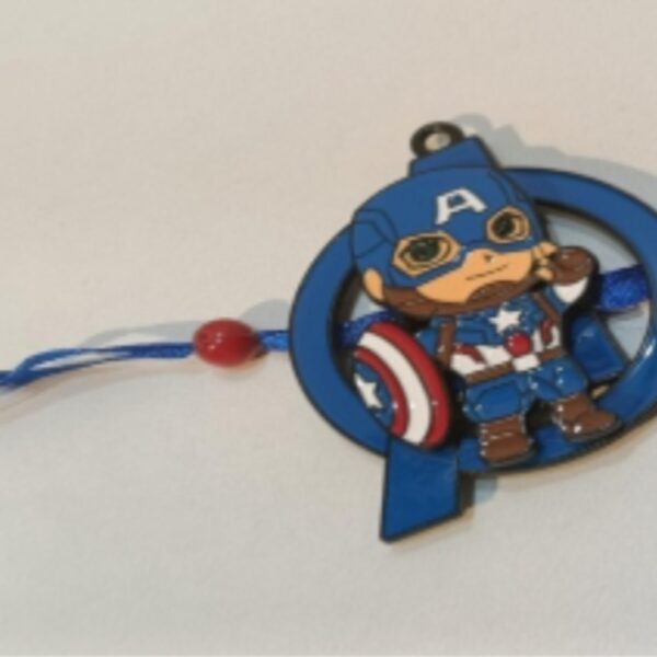 Captain-Themed Kids Rakhi Pack – 8 Rakhis (5 Blue & 3 Red) Cartoon Shield Design (K152)