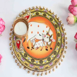 Pichwai Round Plate Candle Holder – Golden