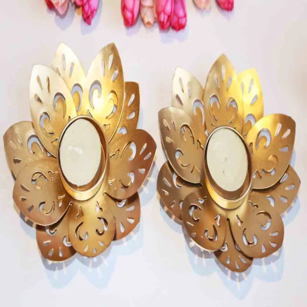 Metal Cutwork Flower T-Light Candle Holder – Golden (Set of 1)