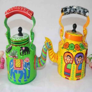 Hand-Painted Metal Tea Kettle – Green & Yellow