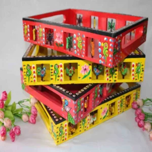 Wooden Hand-Painted Serving Trays – Red & Yellow (Set of 2)