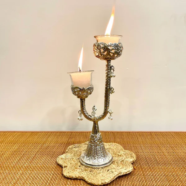 Silver Plated Carving Work Candle Stand with Glass Candles - Image 2