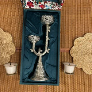 Silver Plated Carving Work Candle Stand with Glass Candles