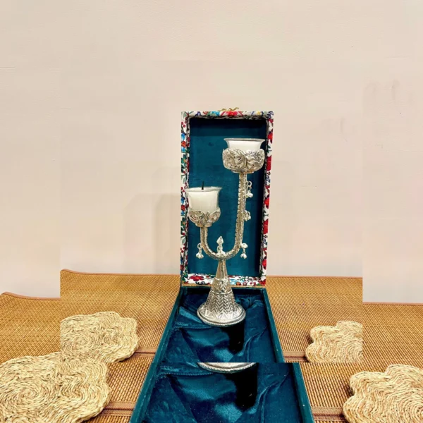 Silver Plated Carving Work Candle Stand with Glass Candles - Image 3