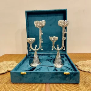 Silver Plated Carving Work Candle Stand (Pair) with Glass Candles