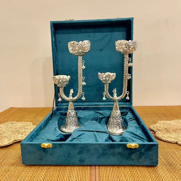 Silver Plated Carving Work Candle Stand (Pair) with Glass Candles