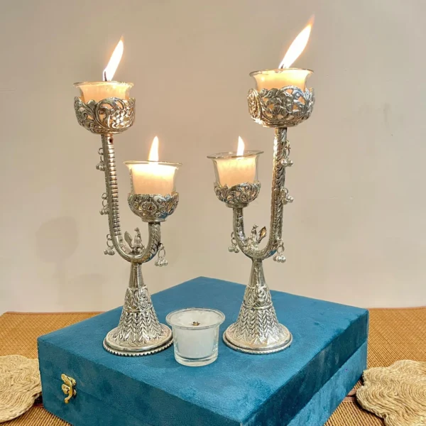 Silver Plated Carving Work Candle Stand (Pair) with Glass Candles - Image 3