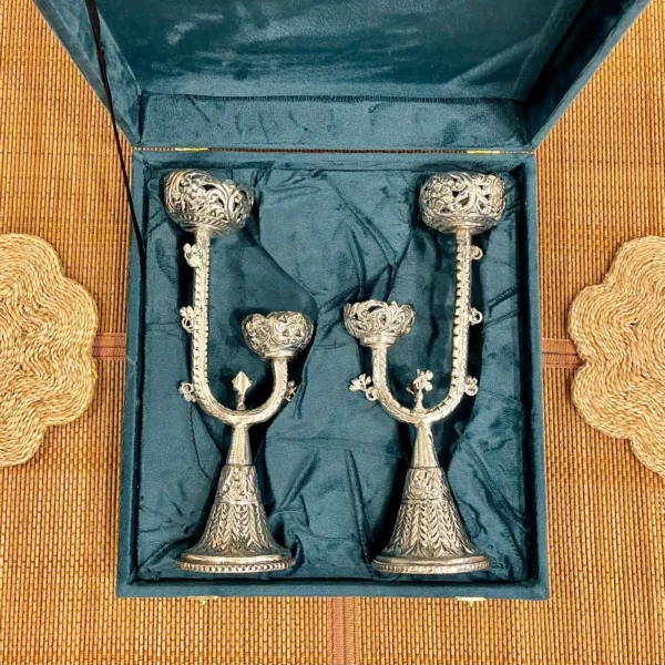Silver Plated Carving Work Candle Stand (Pair) with Glass Candles - Image 2