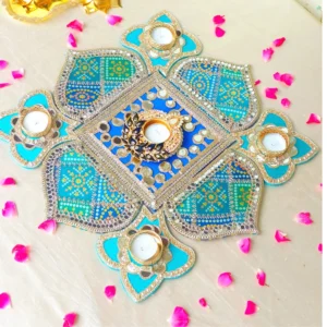 Beautiful MDF Floor Rangoli with Bandhani Fabric & Mirror Work