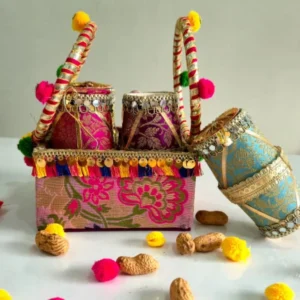 Banarasi Cloth Basket Box with 4 Big Dholak – Premium Gift Box for Lohri & Wedding Giveaways