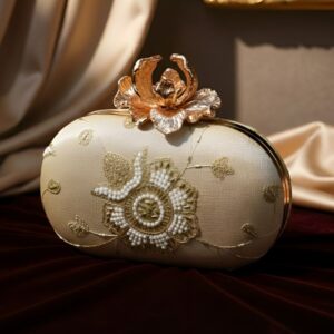 Designer Ethnic Embroidery Clutch – Big Size with Gold Floral Clasp & Sling Chain