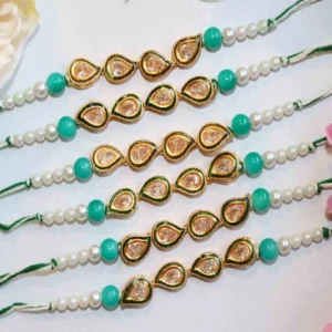 Designer Rakhi Set of 6 with Roli Chawal & Card - Red & Green