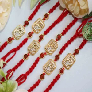 Elegant Ganesh Motif Red Thread Rakhi Set of 6 with Roli Chawal & Card