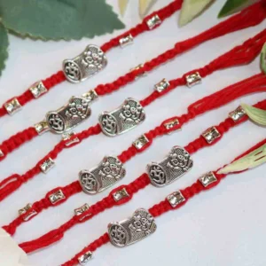Classic Silver Motif Red Thread Rakhi Set of 6 with Roli Chawal & Card