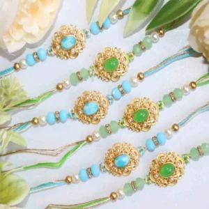 Premium Green Stone Pearl Designer Rakhi Set of 6 with Roli Chawal & Card