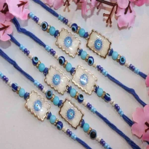Blue Designer Rakhi Set of 6 with Roli Chawal & Card