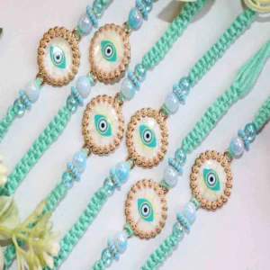 Green Evil Eye Rakhi Set of 6 with Roli Chawal & Card